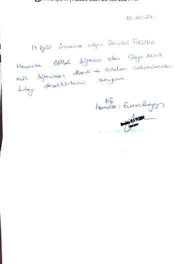 Öğrencimiz Gaye AKSOY, Bandırma Eğitim ve Araştırma Hastanesi'ndeki uygulama sürecinde sergilediği düzenli, disiplinli ve özverili çalışmalarıyla teşekkür belgesini almaya hak kazanmıştır.