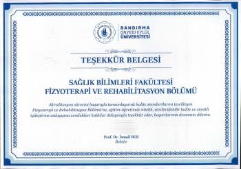 Fizyoterapi ve Rehabilitasyon Bölümümüze Akreditasyon Başarısı Nedeniyle Teşekkür Belgesi Takdim Edildi